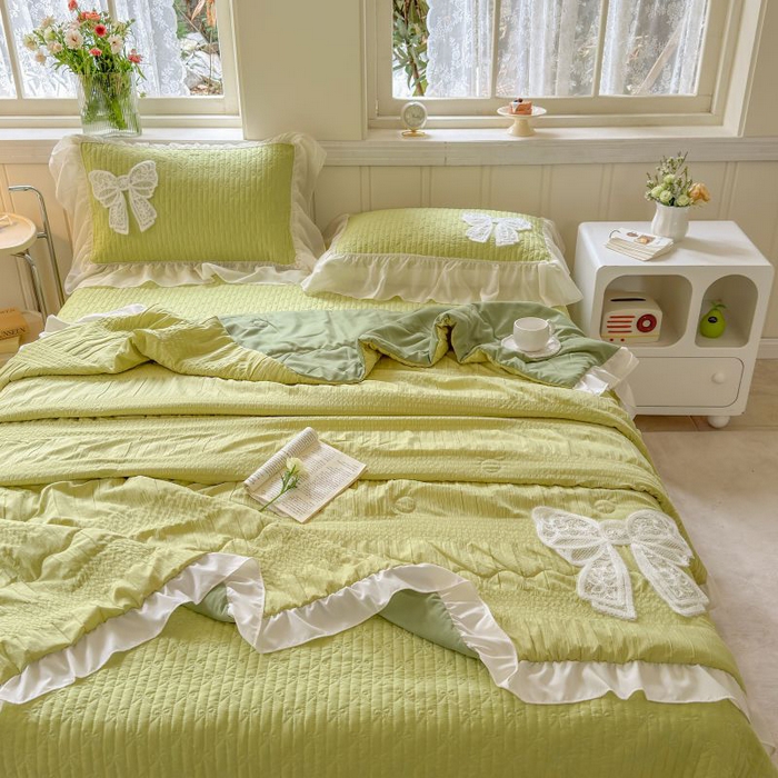 91家纺网 家纺一手货源 找家纺 梵克保罗 2025新款雪纺床盖夏被四件套 嫩芽绿