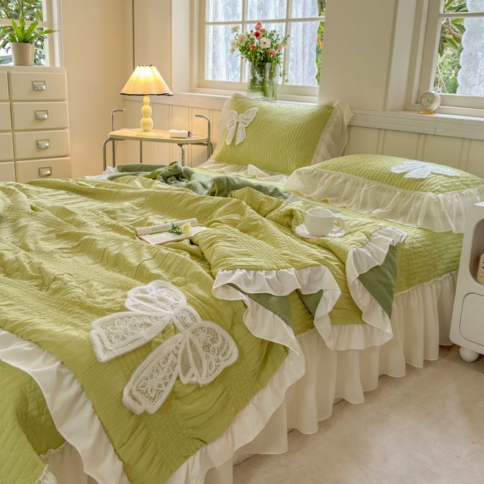 91家纺网 家纺一手货源 找家纺 梵克保罗 2025新款雪纺床盖夏被四件套 嫩芽绿