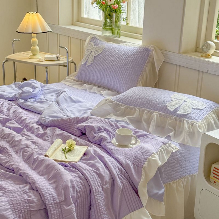 91家纺网 家纺一手货源 找家纺 梵克保罗 2025新款雪纺床盖夏被四件套 仙气紫