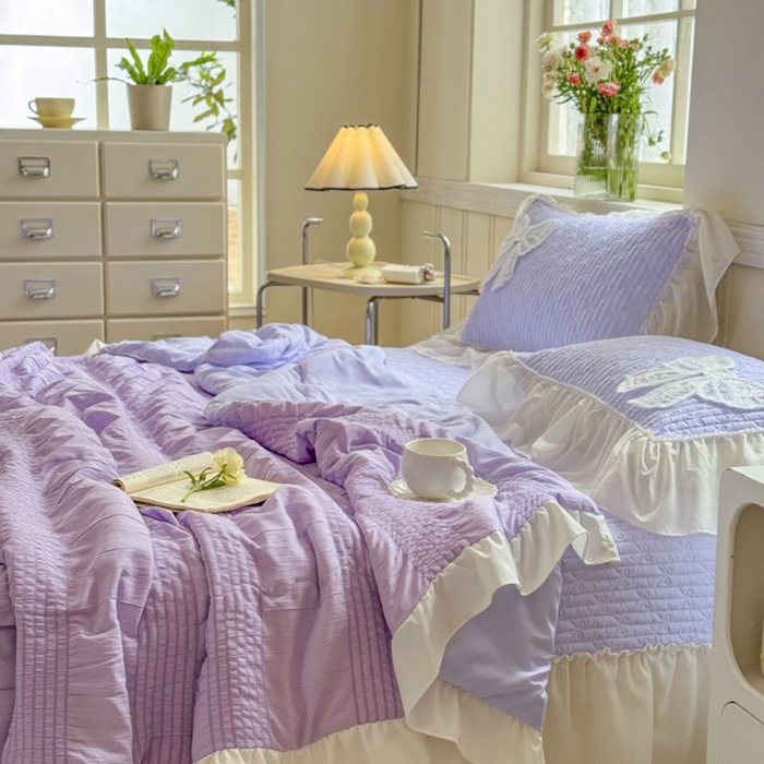 91家纺网 家纺一手货源 找家纺 梵克保罗 2025新款雪纺床盖夏被四件套 仙气紫