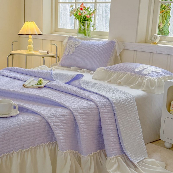 91家纺网 家纺一手货源 找家纺 梵克保罗 2025新款雪纺床盖三件套 仙气紫