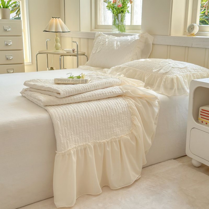 91家纺网 家纺一手货源 找家纺 梵克保罗 2025新款雪纺床盖三件套 淡米色