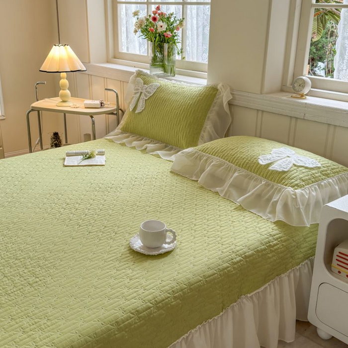 91家纺网 家纺一手货源 找家纺 梵克保罗 2025新款雪纺床盖三件套 嫩芽绿