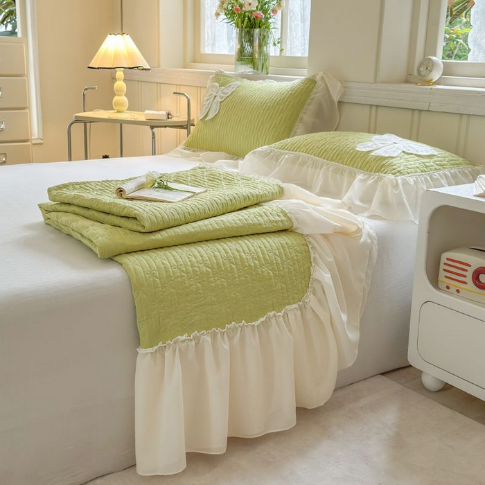 91家纺网 家纺一手货源 找家纺 梵克保罗 2025新款雪纺床盖三件套 嫩芽绿