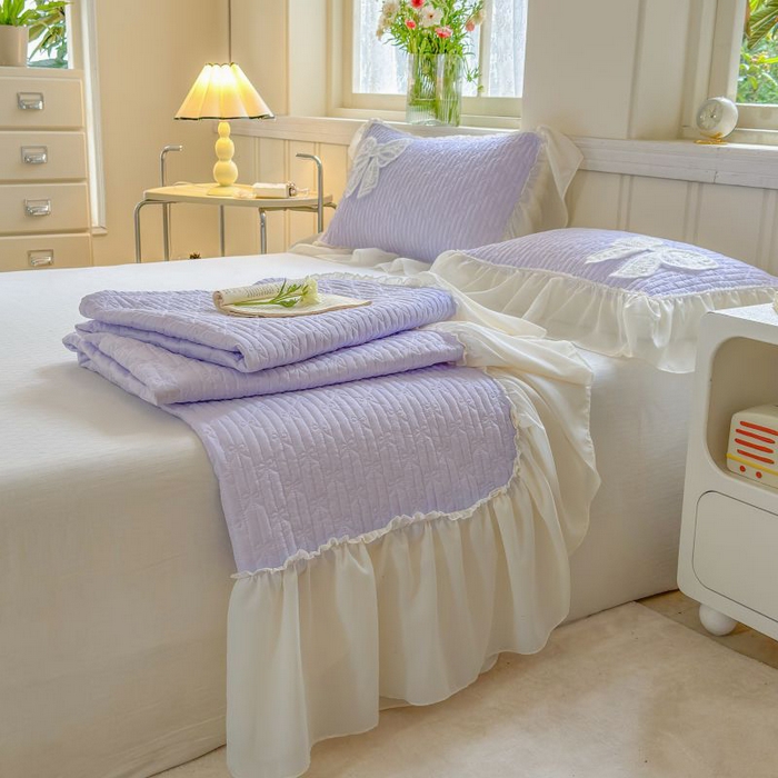 91家纺网 家纺一手货源 找家纺 梵克保罗 2025新款雪纺床盖三件套 仙气紫