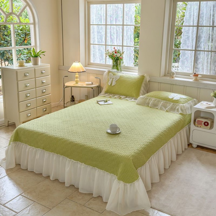 91家纺网 家纺一手货源 找家纺 梵克保罗 2025新款雪纺床盖三件套 嫩芽绿