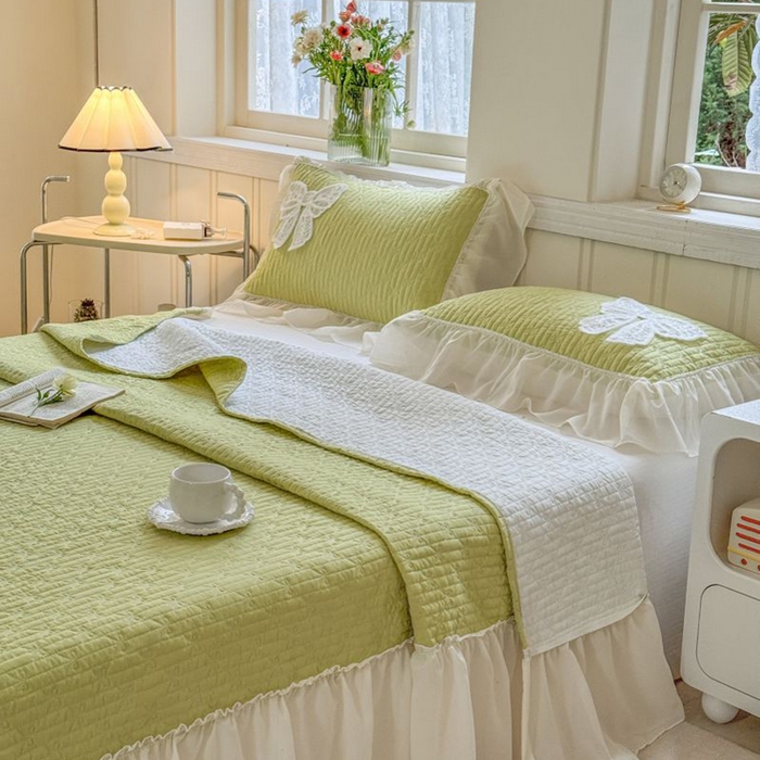 91家纺网 家纺一手货源 找家纺 梵克保罗 2025新款雪纺床盖三件套 嫩芽绿