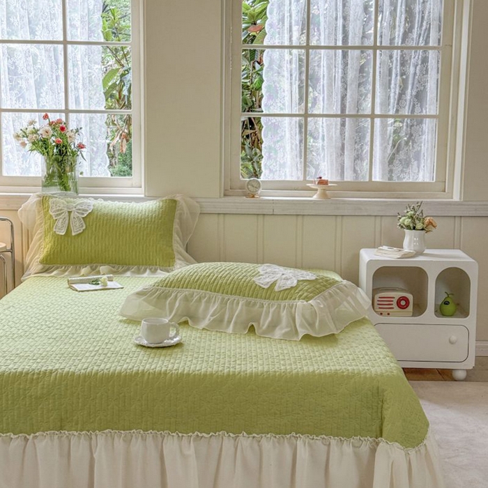 91家纺网 家纺一手货源 找家纺 梵克保罗 2025新款雪纺床盖三件套 嫩芽绿