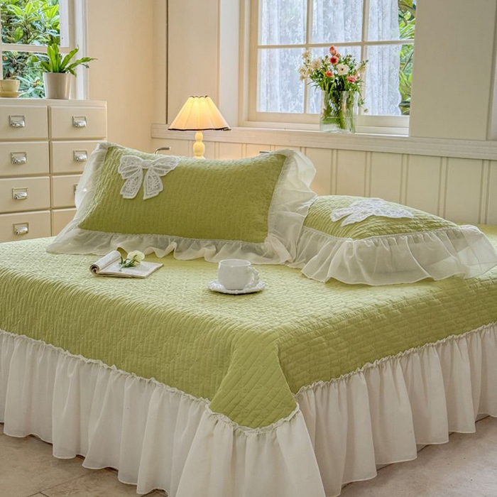 91家纺网 家纺一手货源 找家纺 梵克保罗 2025新款雪纺床盖三件套 嫩芽绿