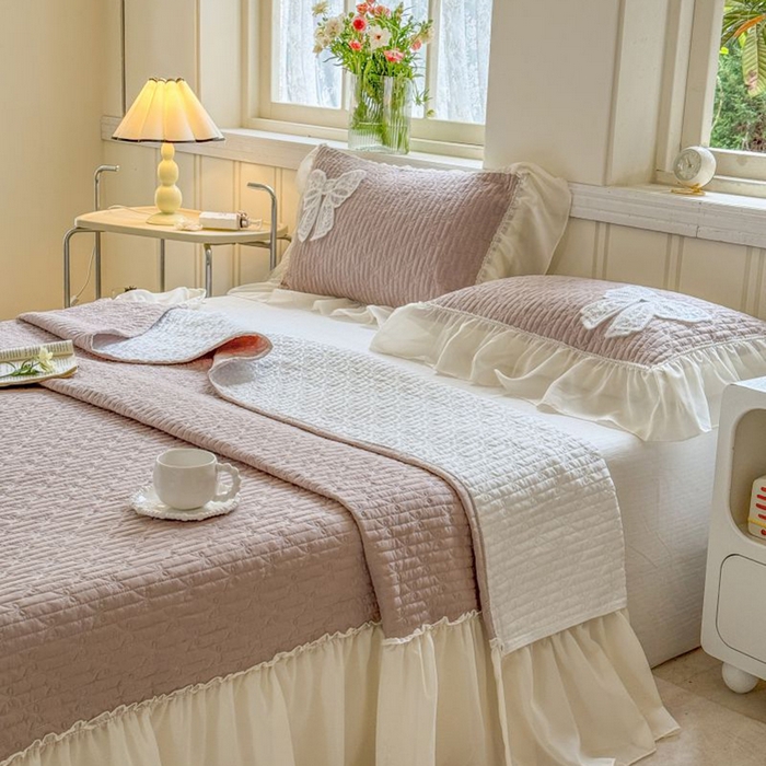 91家纺网 家纺一手货源 找家纺 梵克保罗 2025新款雪纺床盖三件套 奶茶色