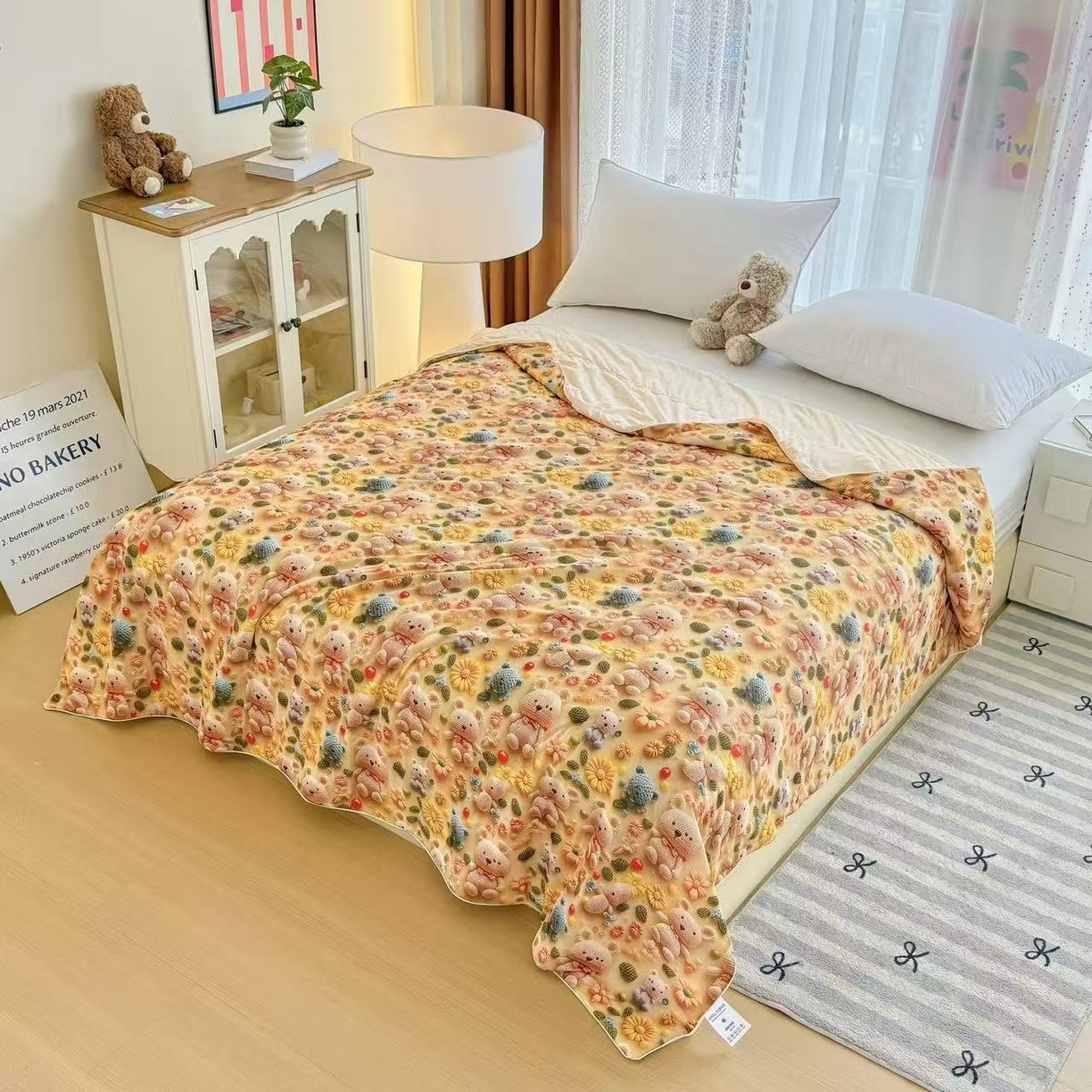 91家纺网 家纺一手货源 找家纺 梵克保罗 2025新款面料仿锦氨凉感5D数码浮雕夏被四件套量大可谈 5D毛线熊