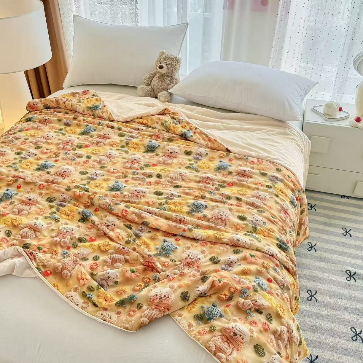 91家纺网 家纺一手货源 找家纺 梵克保罗 2025新款面料仿锦氨凉感5D数码浮雕夏被四件套量大可谈 5D毛线熊