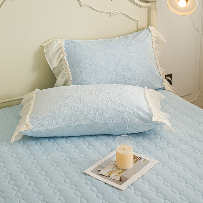 91家纺网 家纺一手货源 找家纺 胜权家纺 2025秋冬新款A类全消光高克重5D雕花牛奶绒仙女风夹棉床盖单品系列 梦安娜-湖蓝