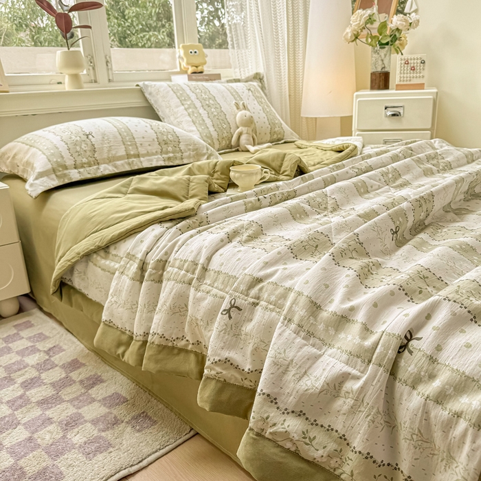 91家纺网 家纺一手货源 找家纺 梵克保罗 2025新款印花单夏被被子被芯夏被四件套 蝴蝶结-绿