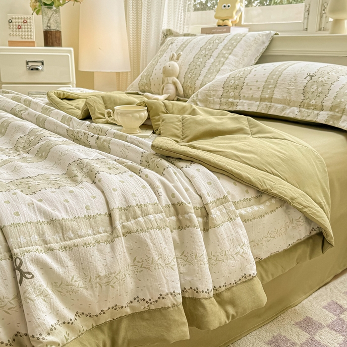 91家纺网 家纺一手货源 找家纺 梵克保罗 2025新款印花单夏被被子被芯夏被四件套 蝴蝶结-绿