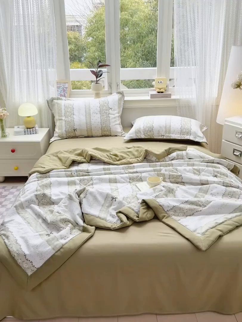 91家纺网 家纺一手货源 找家纺 梵克保罗 2025新款印花单夏被被子被芯夏被四件套 蝴蝶结-绿