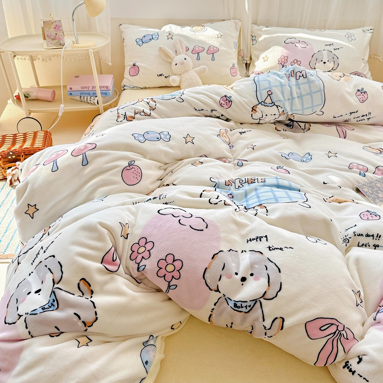 91家纺网 家纺一手货源 找家纺 耀悦家纺 2025新款牛奶绒小清新高克重ins风卡通四件套 春日计划