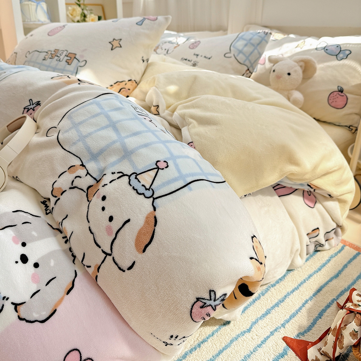 91家纺网 家纺一手货源 找家纺 耀悦家纺 2025新款牛奶绒小清新高克重ins风卡通四件套 春日计划