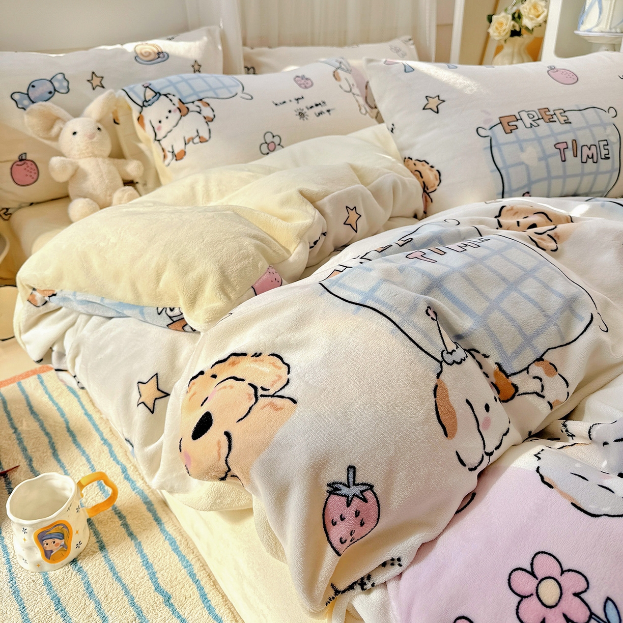 91家纺网 家纺一手货源 找家纺 耀悦家纺 2025新款牛奶绒小清新高克重ins风卡通四件套 春日计划