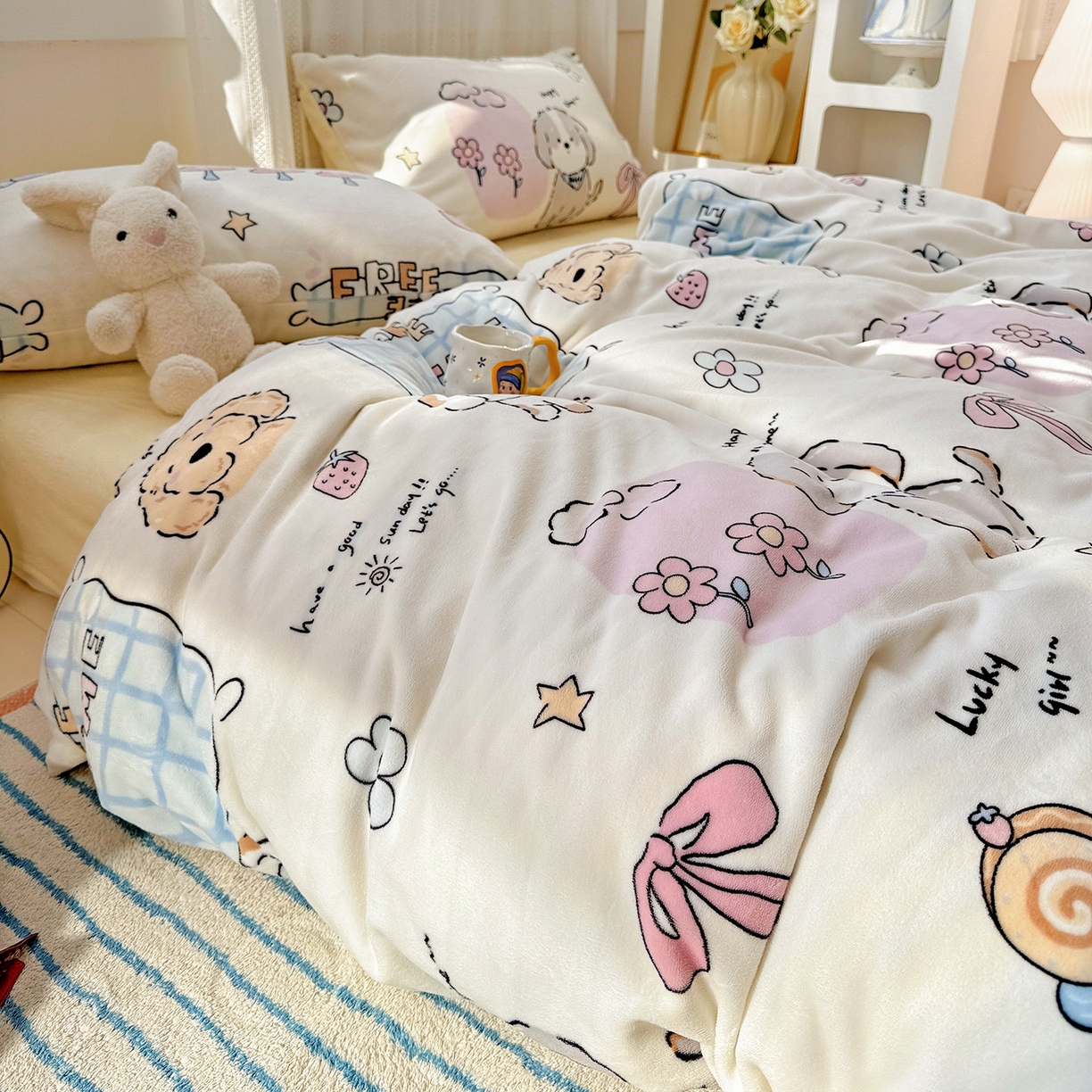 91家纺网 家纺一手货源 找家纺 耀悦家纺 2025新款牛奶绒小清新高克重ins风卡通四件套 春日计划