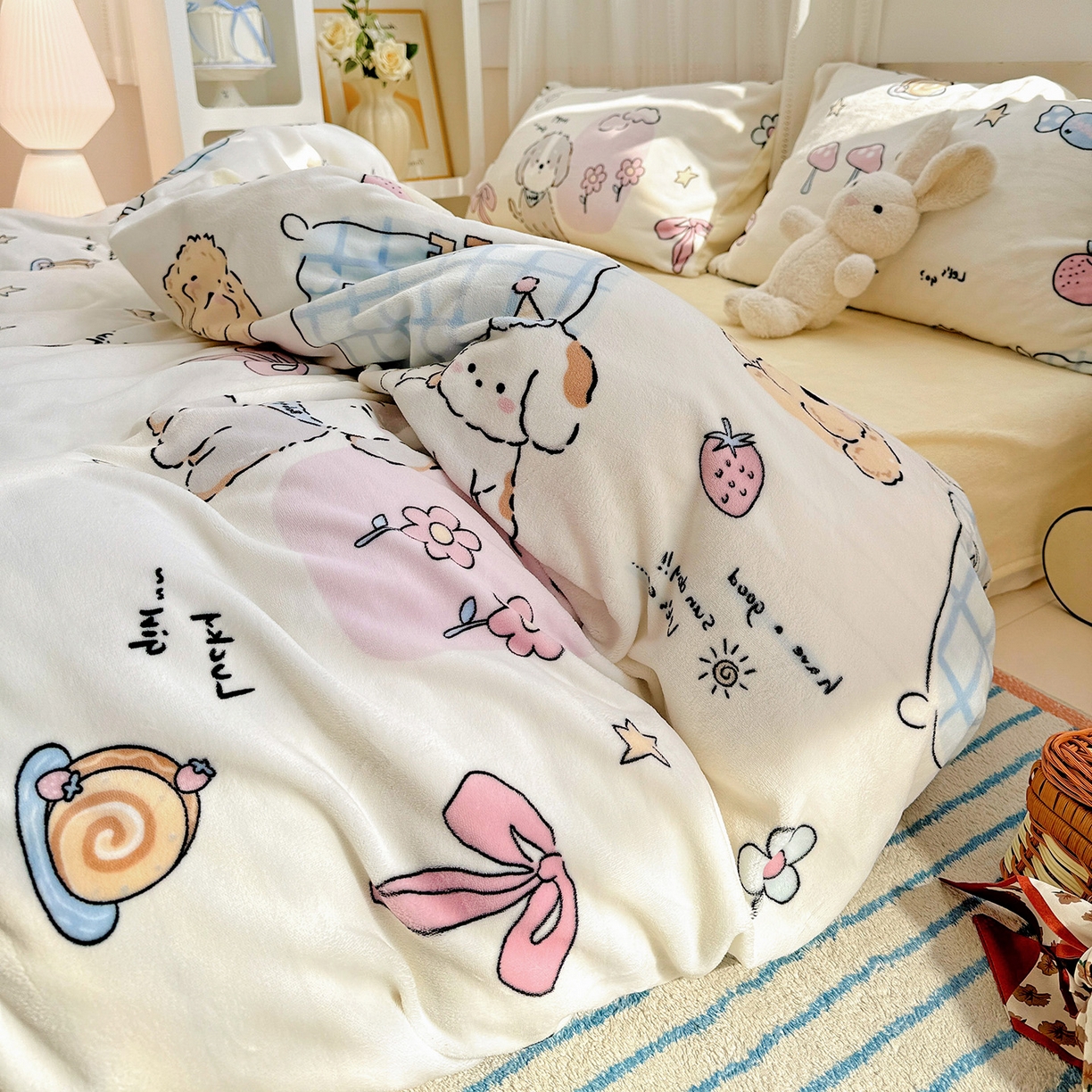 91家纺网 家纺一手货源 找家纺 （总）耀悦家纺 2025新款牛奶绒小清新高克重ins风卡通四件套