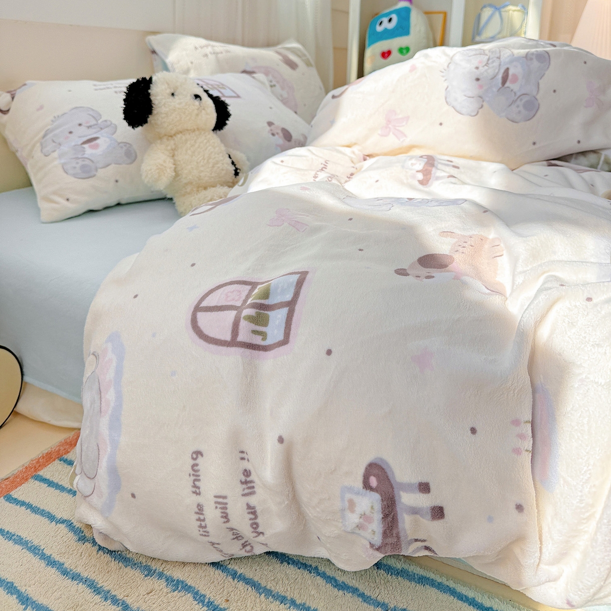 91家纺网 家纺一手货源 找家纺 耀悦家纺 2025新款牛奶绒小清新高克重ins风卡通四件套 小象的生日聚会