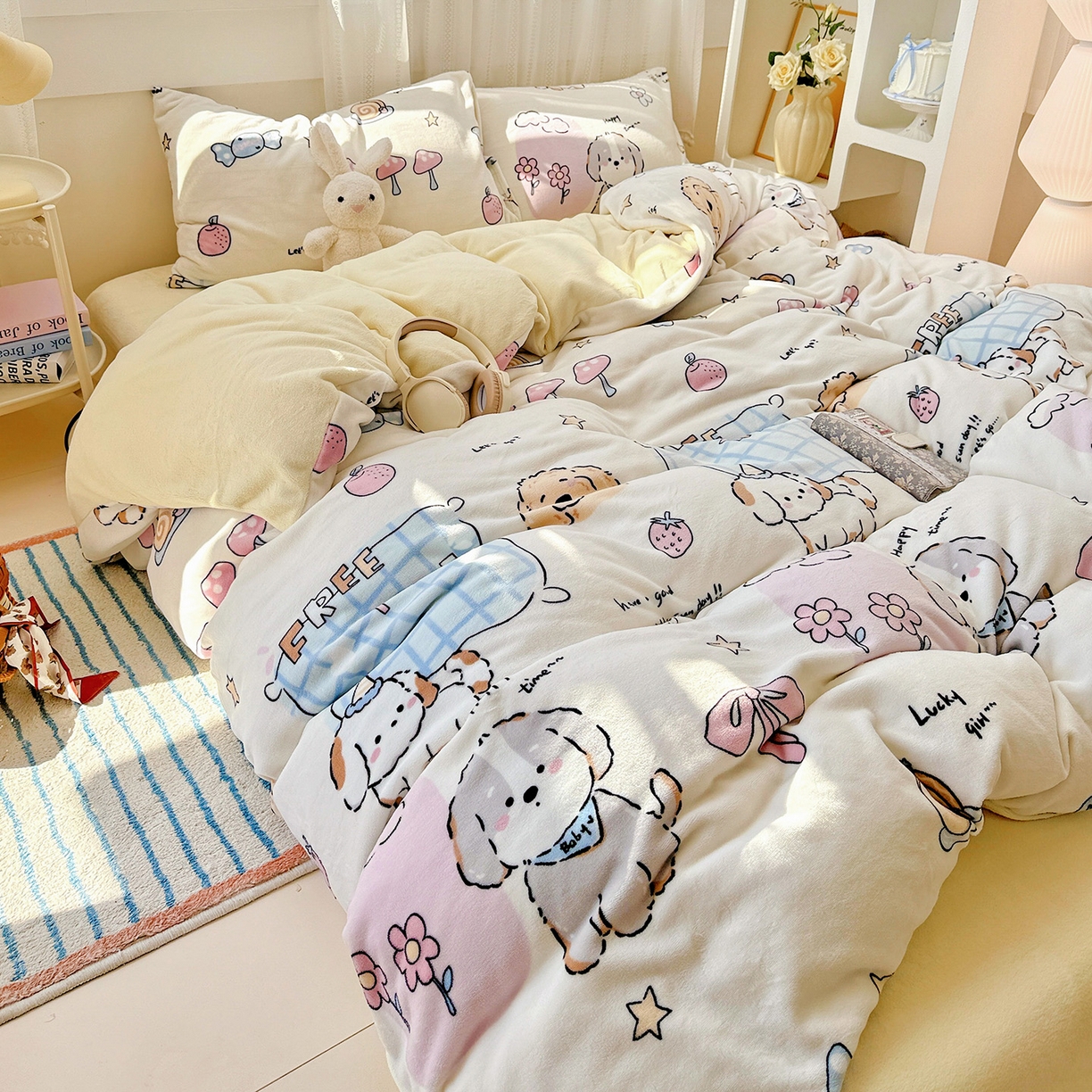 91家纺网 家纺一手货源 找家纺 耀悦家纺 2025新款牛奶绒小清新高克重ins风卡通四件套 春日计划