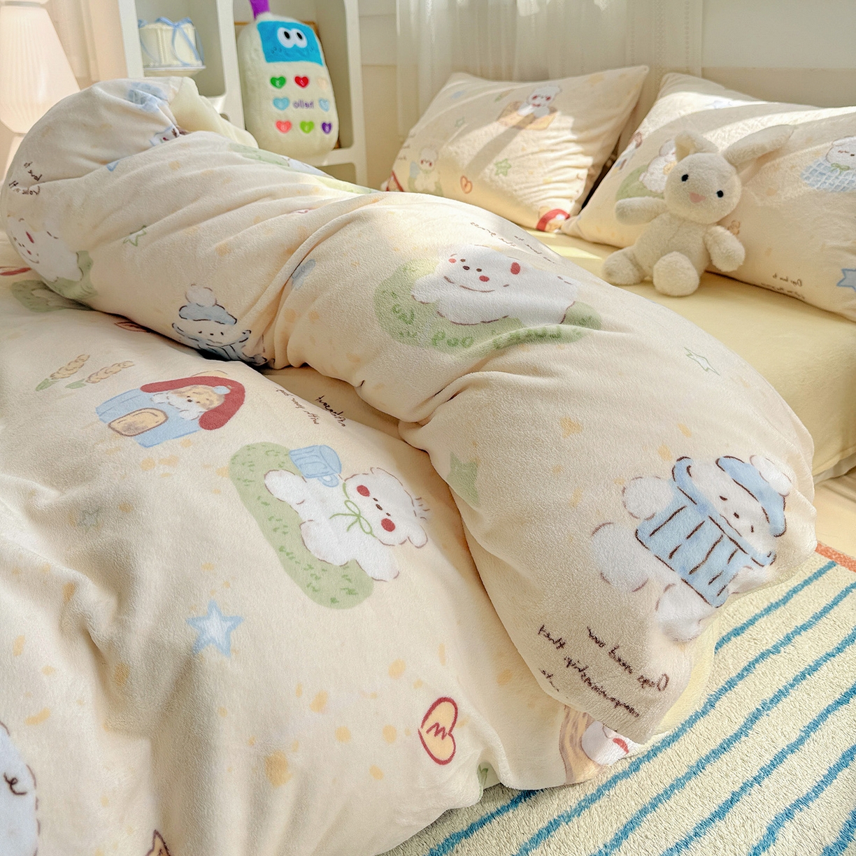 91家纺网 家纺一手货源 找家纺 耀悦家纺 2025新款牛奶绒小清新高克重ins风卡通四件套 萌宠的田园生活