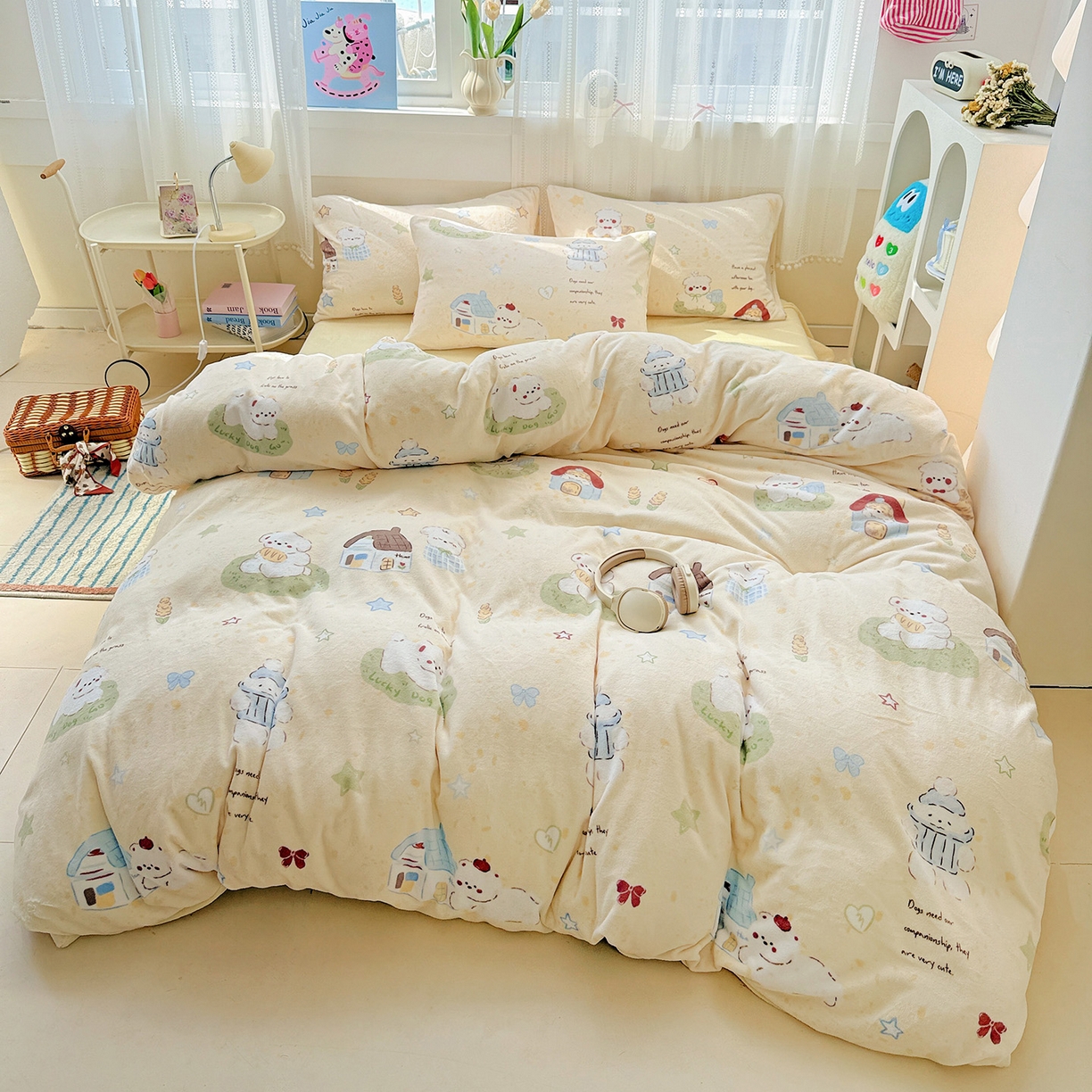 91家纺网 家纺一手货源 找家纺 耀悦家纺 2025新款牛奶绒小清新高克重ins风卡通四件套 萌宠的田园生活