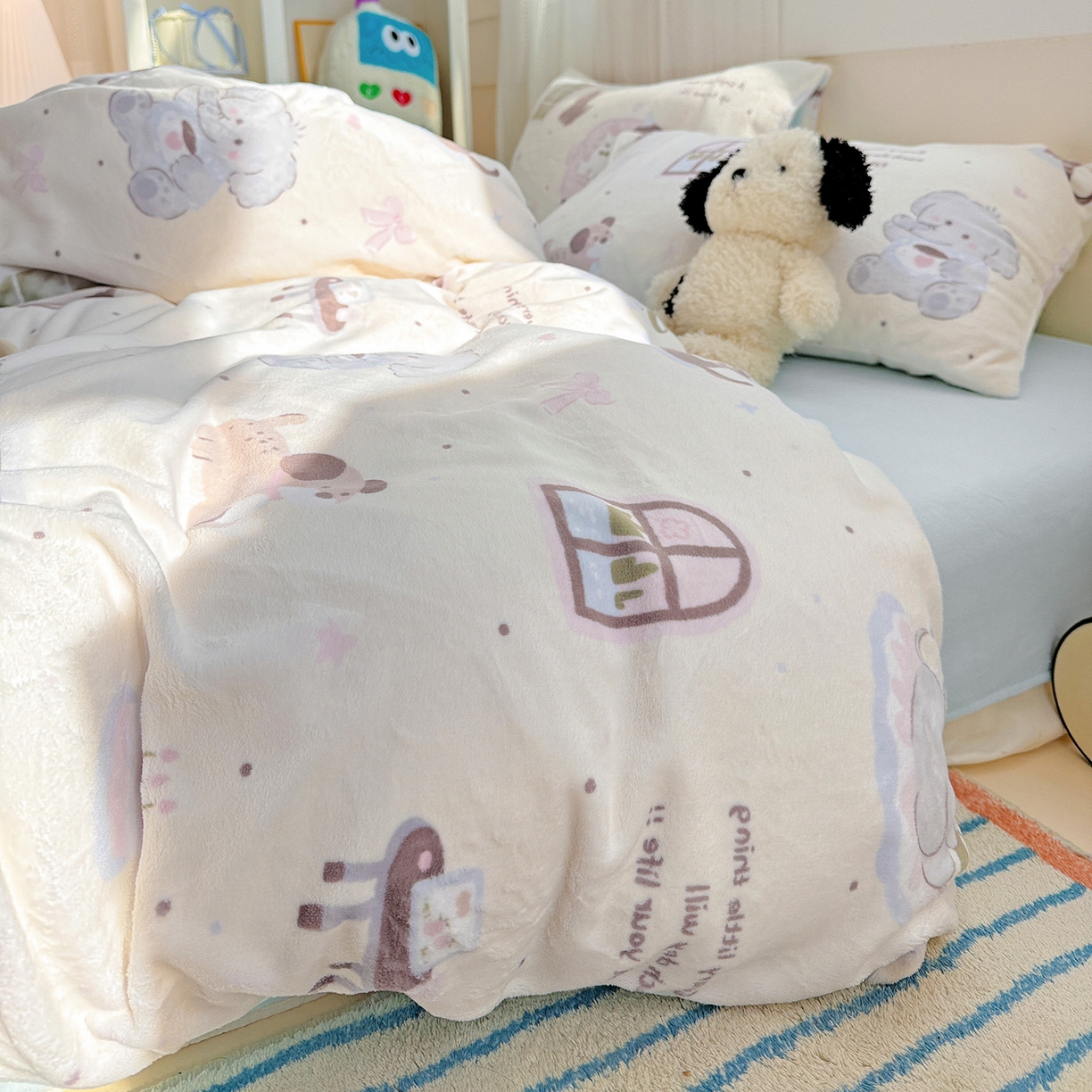 91家纺网 家纺一手货源 找家纺 耀悦家纺 2025新款牛奶绒小清新高克重ins风卡通四件套 小象的生日聚会