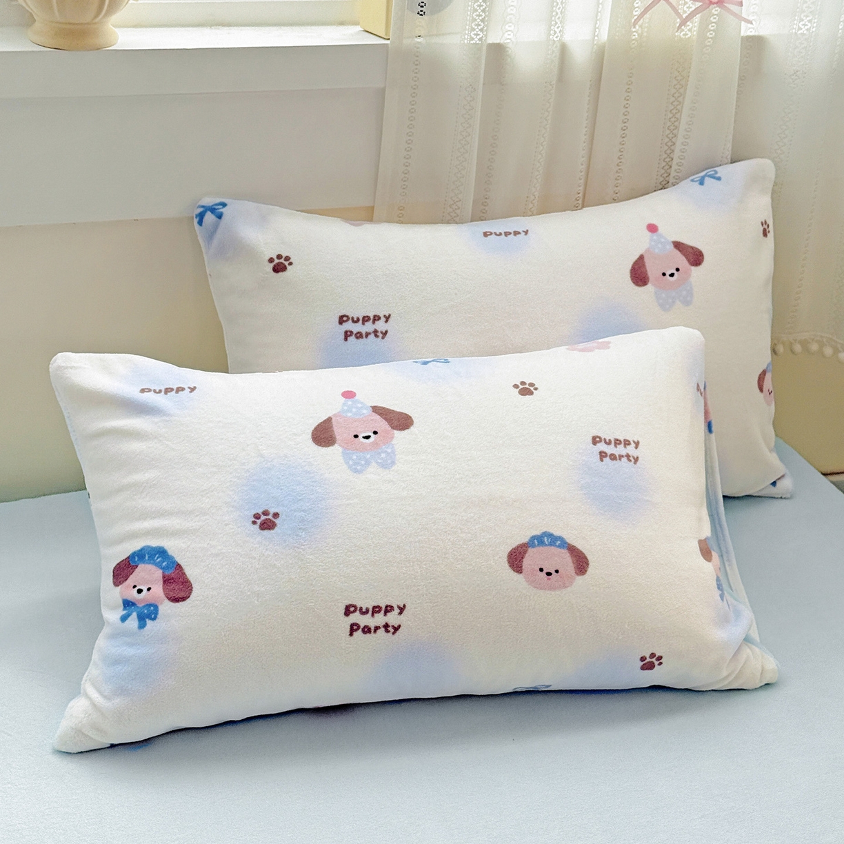 91家纺网 家纺一手货源 找家纺 耀悦家纺 2025新款牛奶绒小清新高克重ins风卡通四件套 小奶狗派对