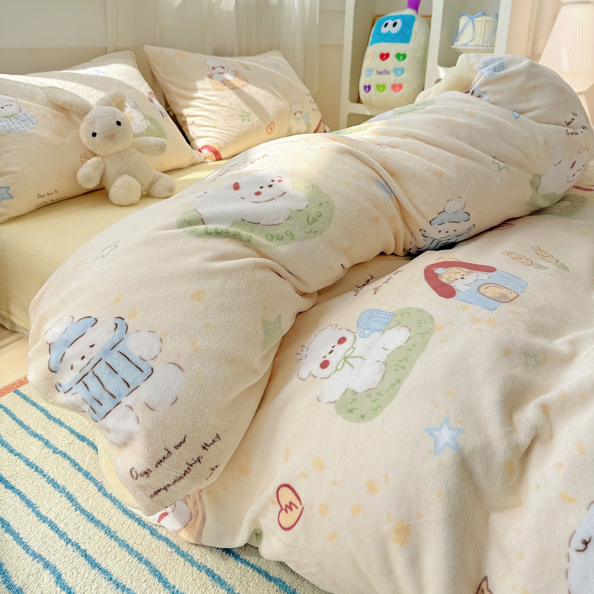 91家纺网 家纺一手货源 找家纺 耀悦家纺 2025新款牛奶绒小清新高克重ins风卡通四件套 萌宠的田园生活