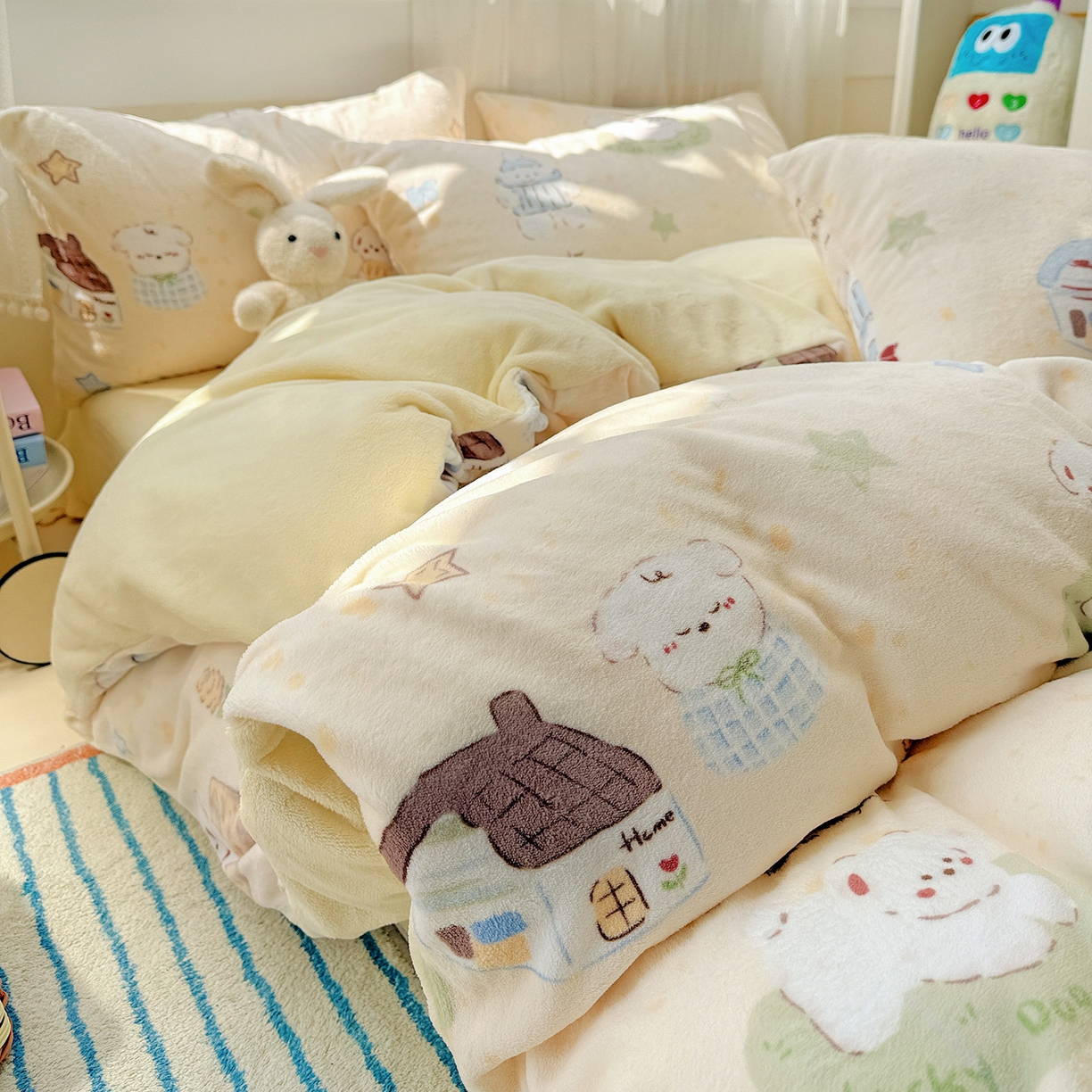 91家纺网 家纺一手货源 找家纺 耀悦家纺 2025新款牛奶绒小清新高克重ins风卡通四件套 萌宠的田园生活