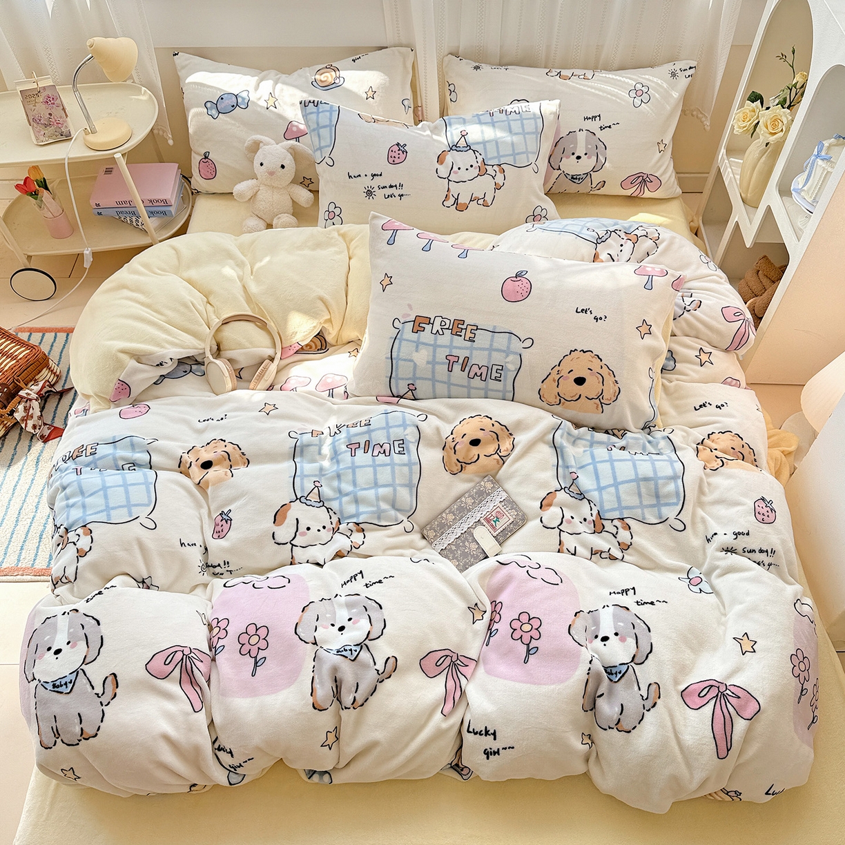 91家纺网 家纺一手货源 找家纺 耀悦家纺 2025新款牛奶绒小清新高克重ins风卡通四件套 春日计划