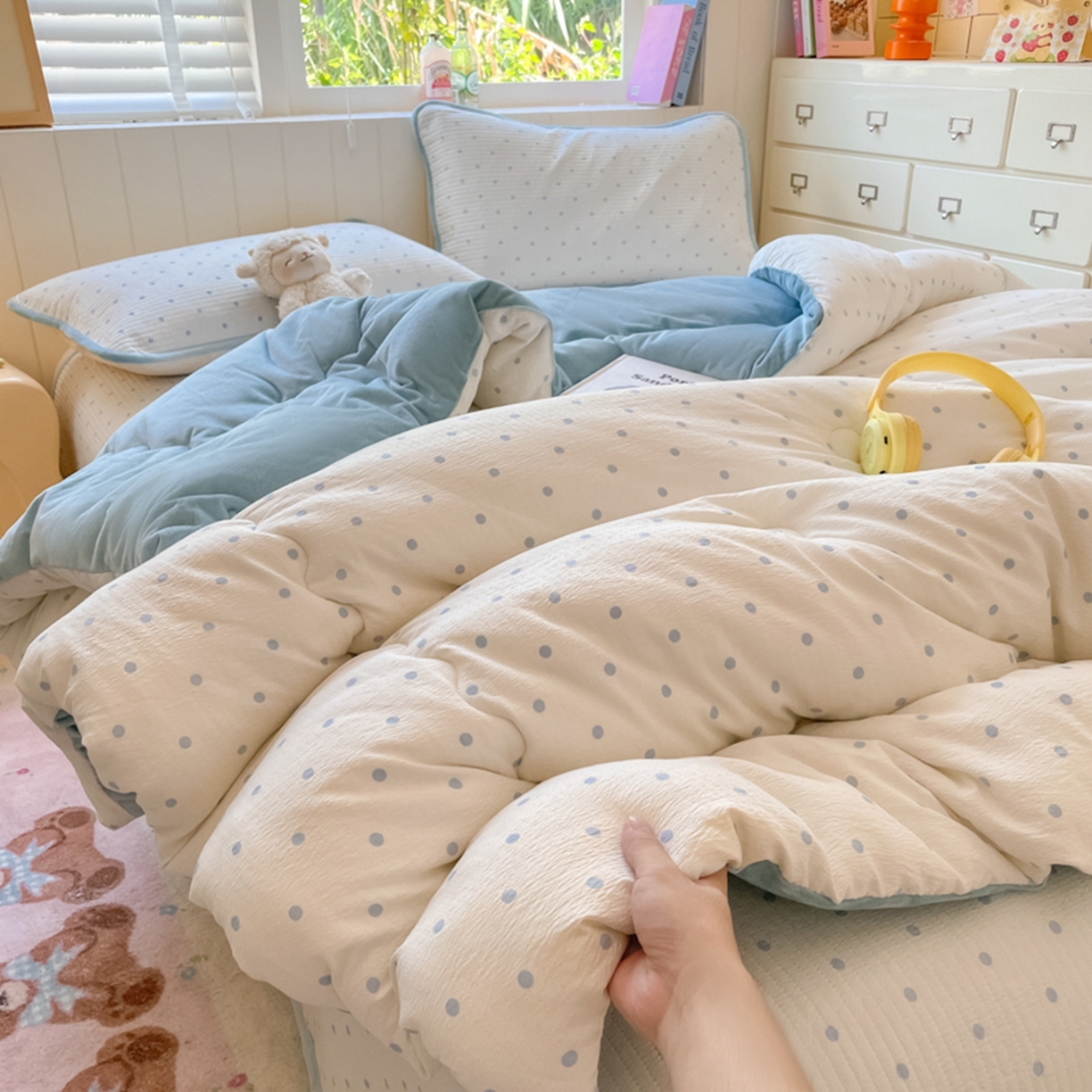 91家纺网 家纺一手货源 找家纺 老帅的工厂店 2025新款A类云感懒人冬季一体被被子被芯床盖四件套 海盐波波