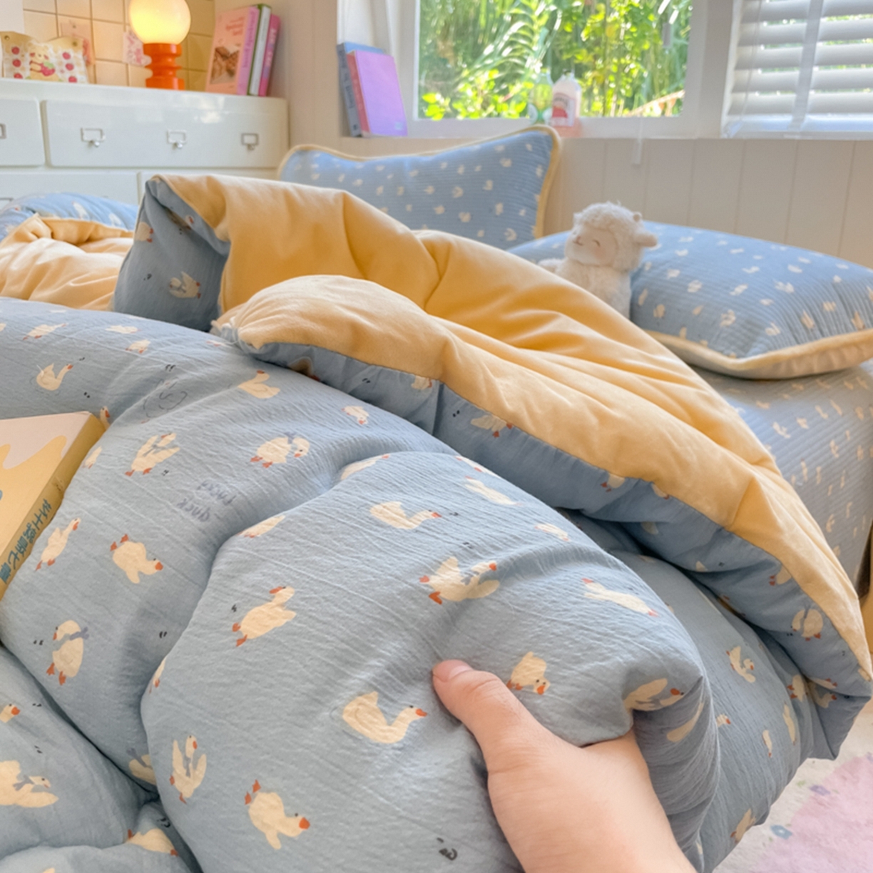 91家纺网 家纺一手货源 找家纺 老帅的工厂店 2025新款A类云感懒人冬季一体被被子被芯床盖四件套 加油丫