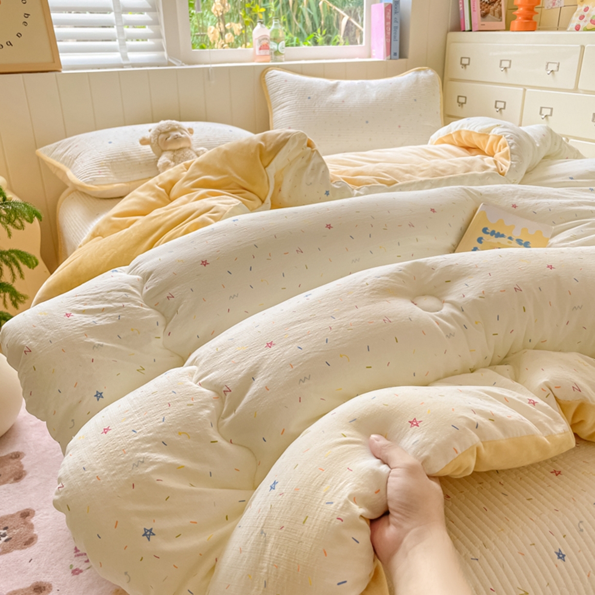 91家纺网 家纺一手货源 找家纺 老帅的工厂店 2025新款A类云感懒人冬季一体被被子被芯床盖四件套 奶油波波