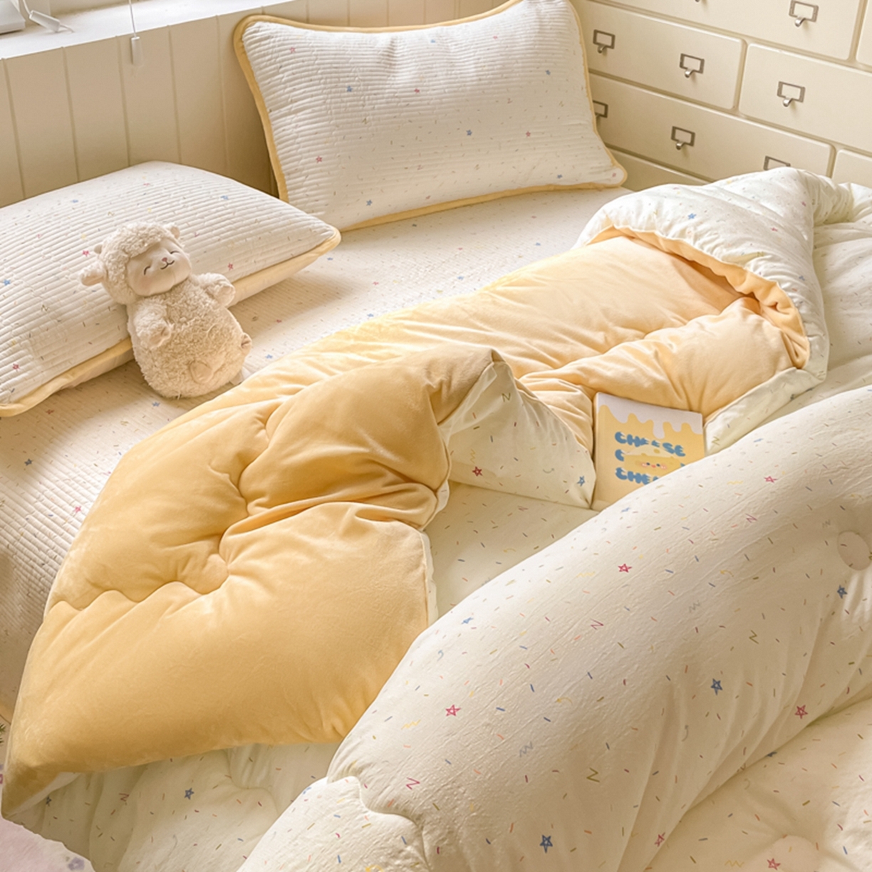 91家纺网 家纺一手货源 找家纺 老帅的工厂店 2025新款A类云感懒人冬季一体被被子被芯床盖四件套 奶油波波