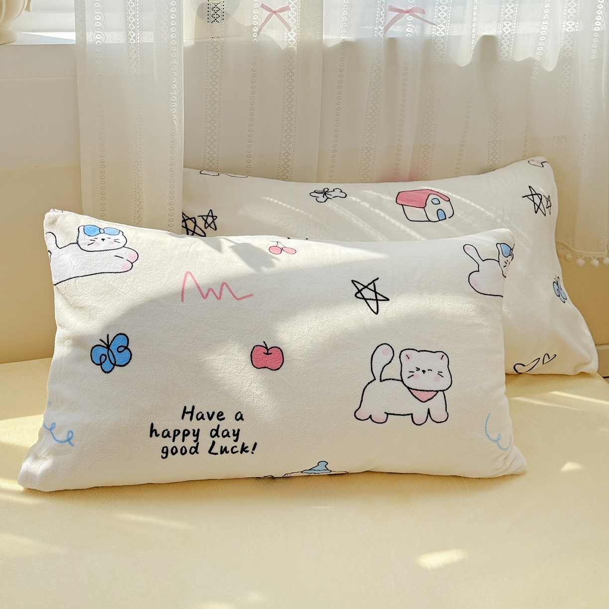 91家纺网 家纺一手货源 找家纺 耀悦家纺 2025新款牛奶绒小清新高克重ins风卡通四件套 五角星小猫