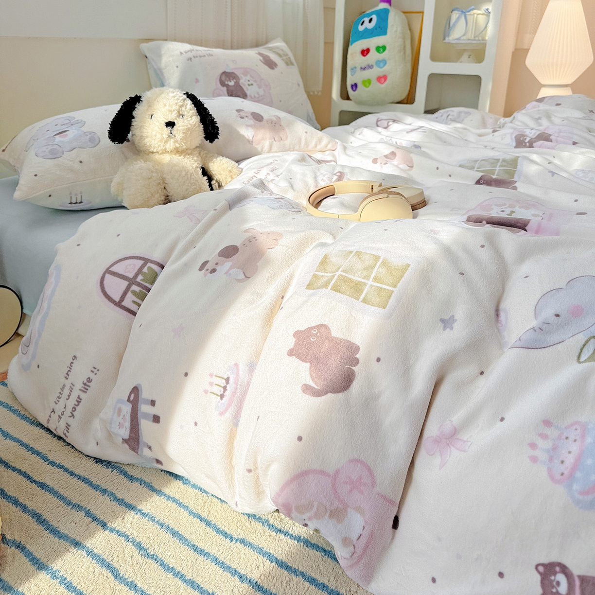 91家纺网 家纺一手货源 找家纺 耀悦家纺 2025新款牛奶绒小清新高克重ins风卡通四件套 小象的生日聚会