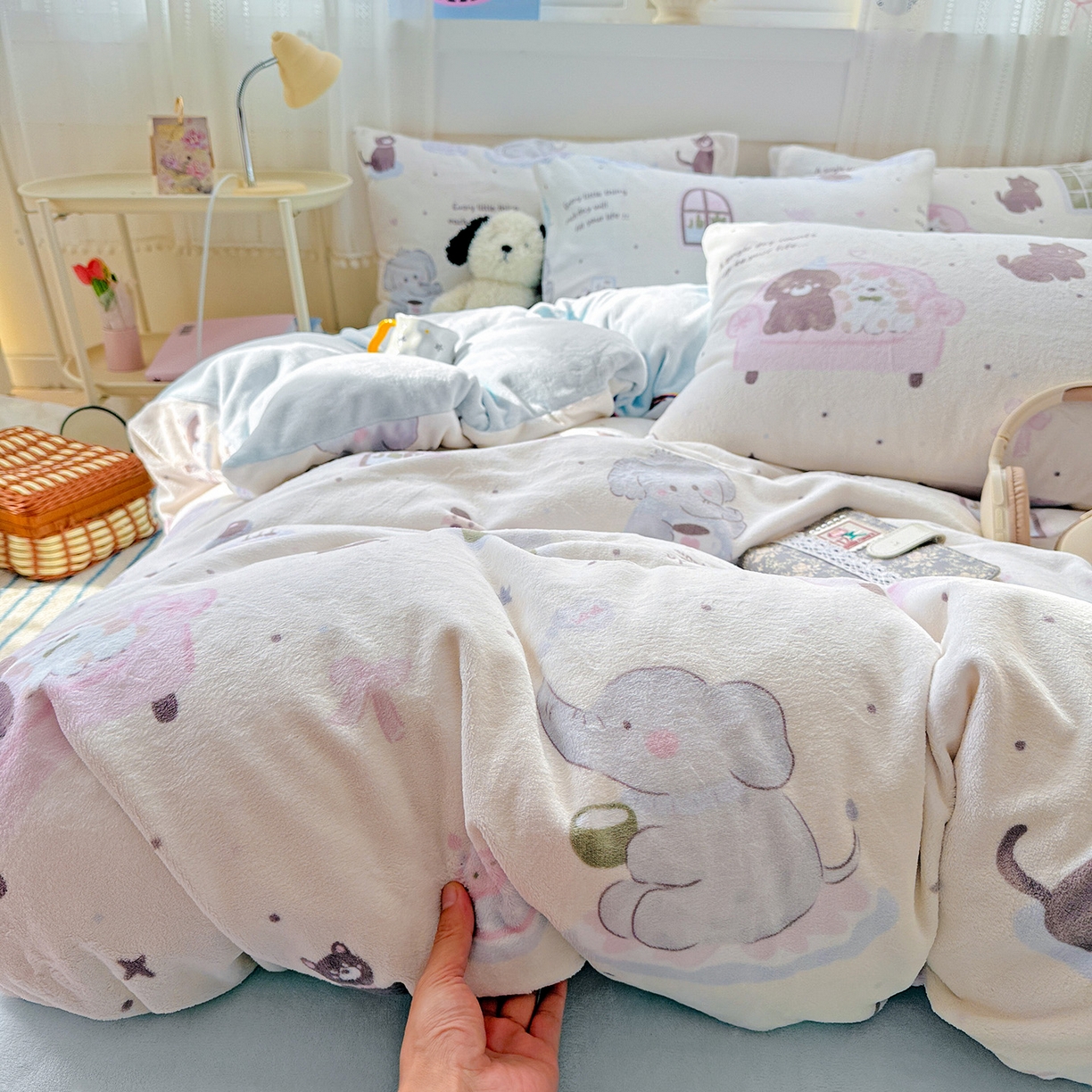 耀悦家纺 2025新款牛奶绒小清新高克重ins风卡通四件套 小象的生日聚会
