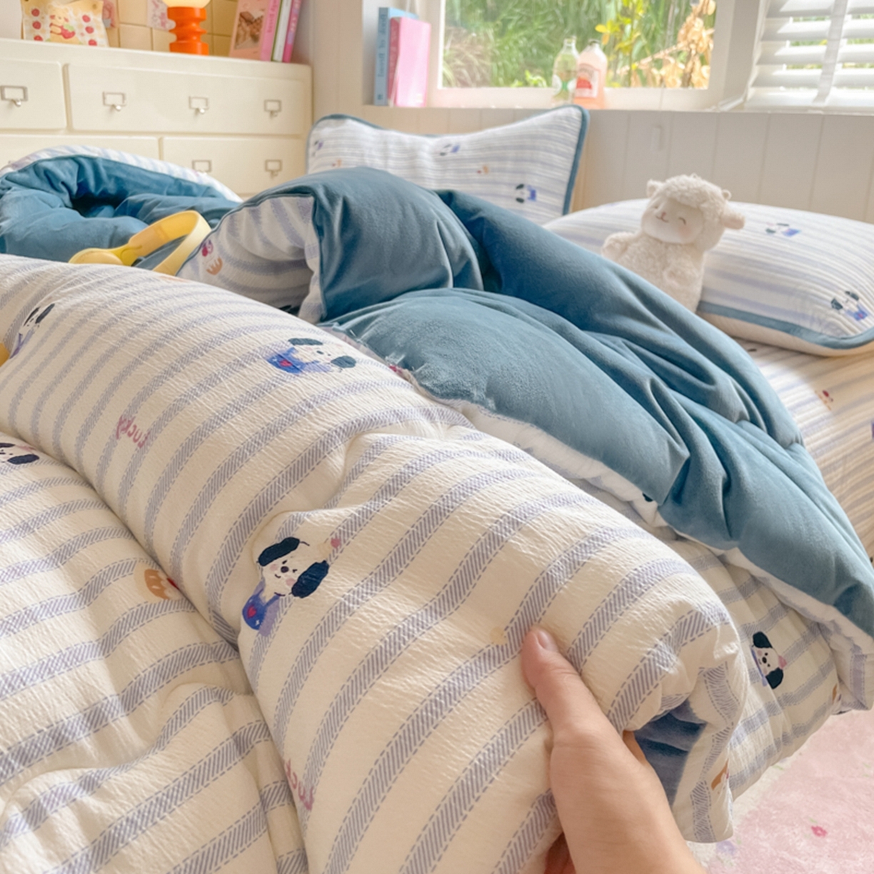 91家纺网 家纺一手货源 找家纺 老帅的工厂店 2025新款A类云感懒人冬季一体被被子被芯床盖四件套 可爱趴趴