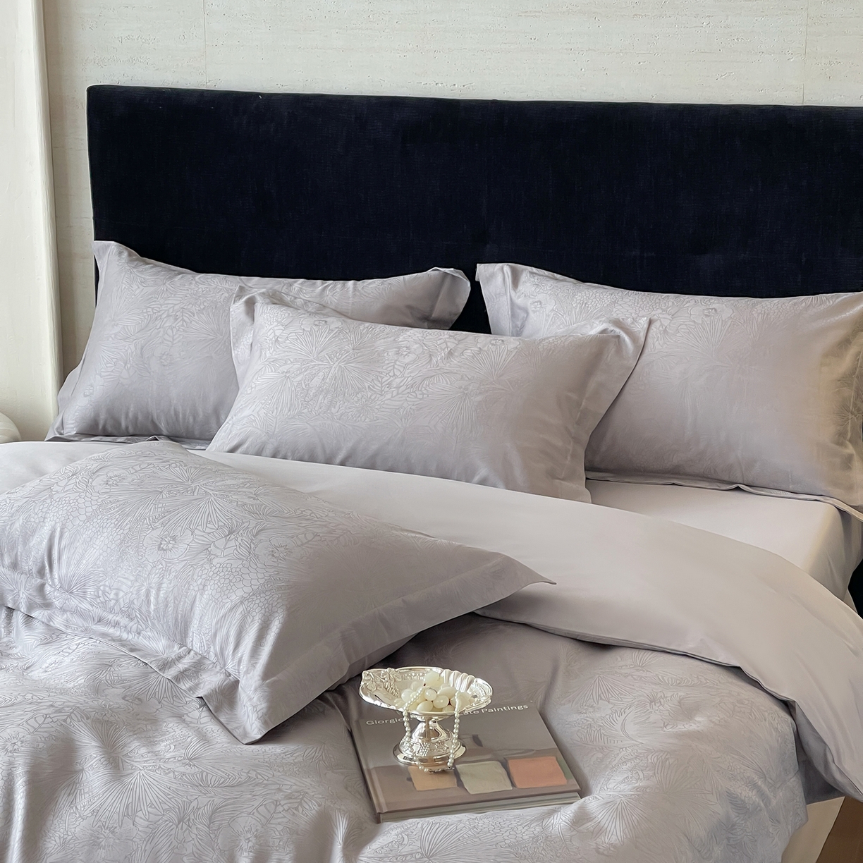 91家纺网 家纺一手货源 找家纺 栩裕纺织 2025新款长绒棉提花最新款单品四件套 洛园-高级灰