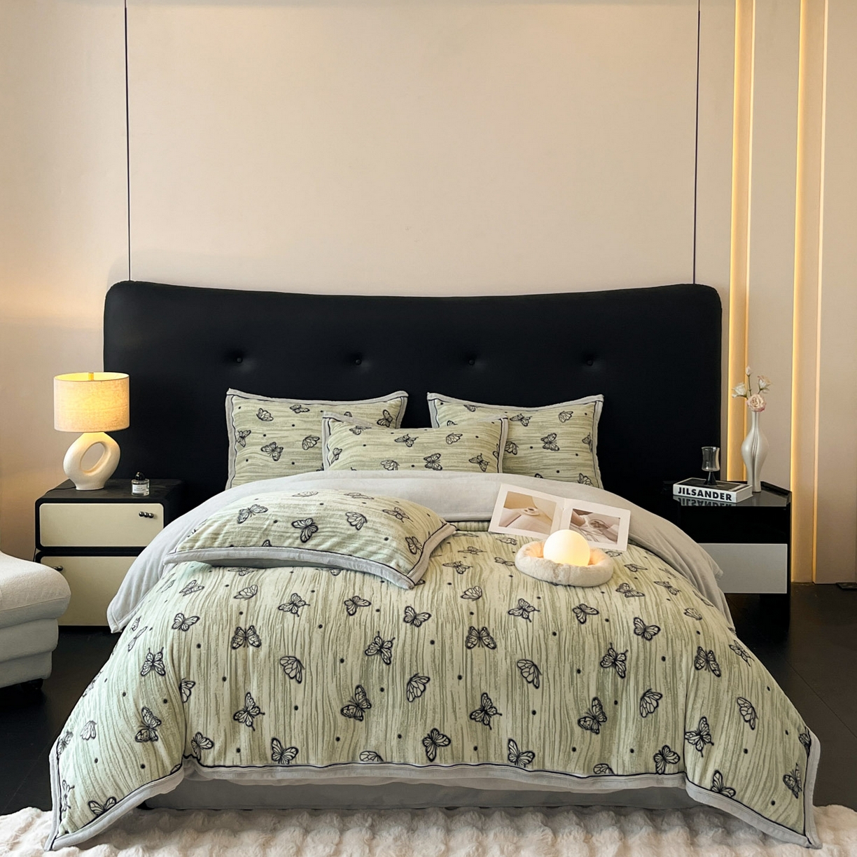 91家纺网 家纺一手货源 找家纺 金麦家纺 2025新款雕花牛奶绒工艺蝴蝶款四件套 蝴蝶-绿