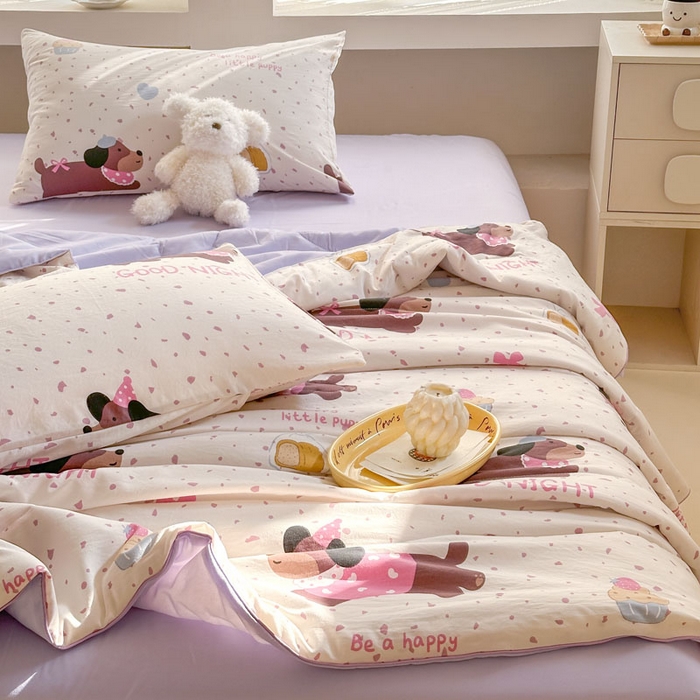 91家纺网 家纺一手货源 找家纺 梵克保罗 2025新款水洗糯糯棉卡通印花滚绳包边夏被 彩彩狗