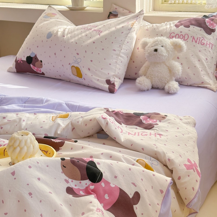 91家纺网 家纺一手货源 找家纺 梵克保罗 2025新款水洗糯糯棉卡通印花滚绳包边夏被 彩彩狗