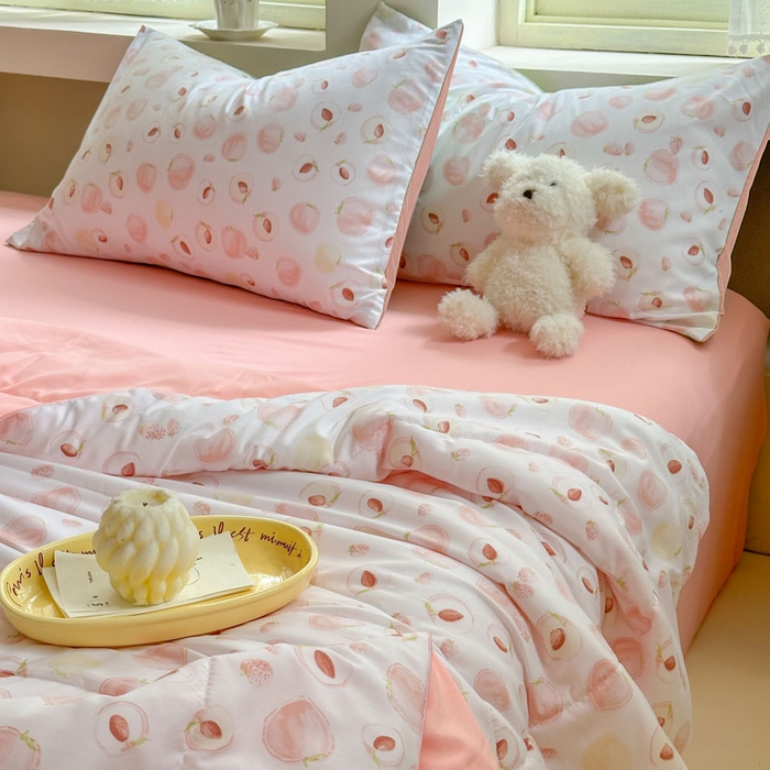 91家纺网 家纺一手货源 找家纺 梵克保罗 2025新款水洗糯糯棉卡通印花滚绳包边夏被 水蜜桃