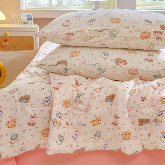 91家纺网 家纺一手货源 找家纺 梵克保罗 2025新款水洗糯糯棉卡通印花滚绳包边夏被 快乐小狗