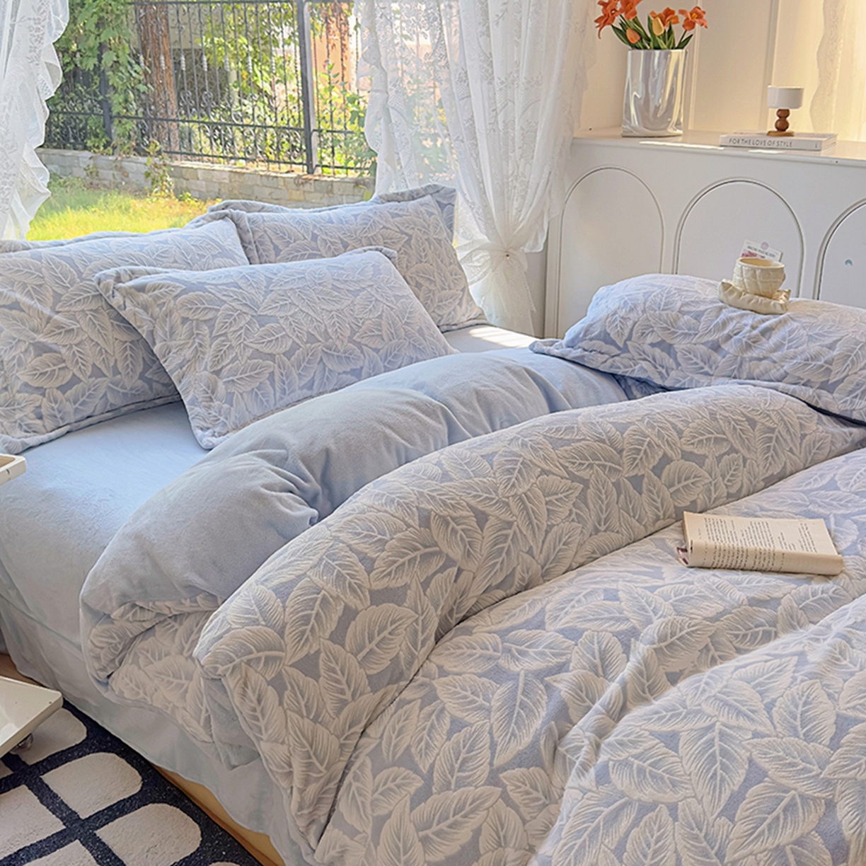 昊川家纺 2025新款短毛绒牛奶绒立体雕花四件套 叶之恋-蓝