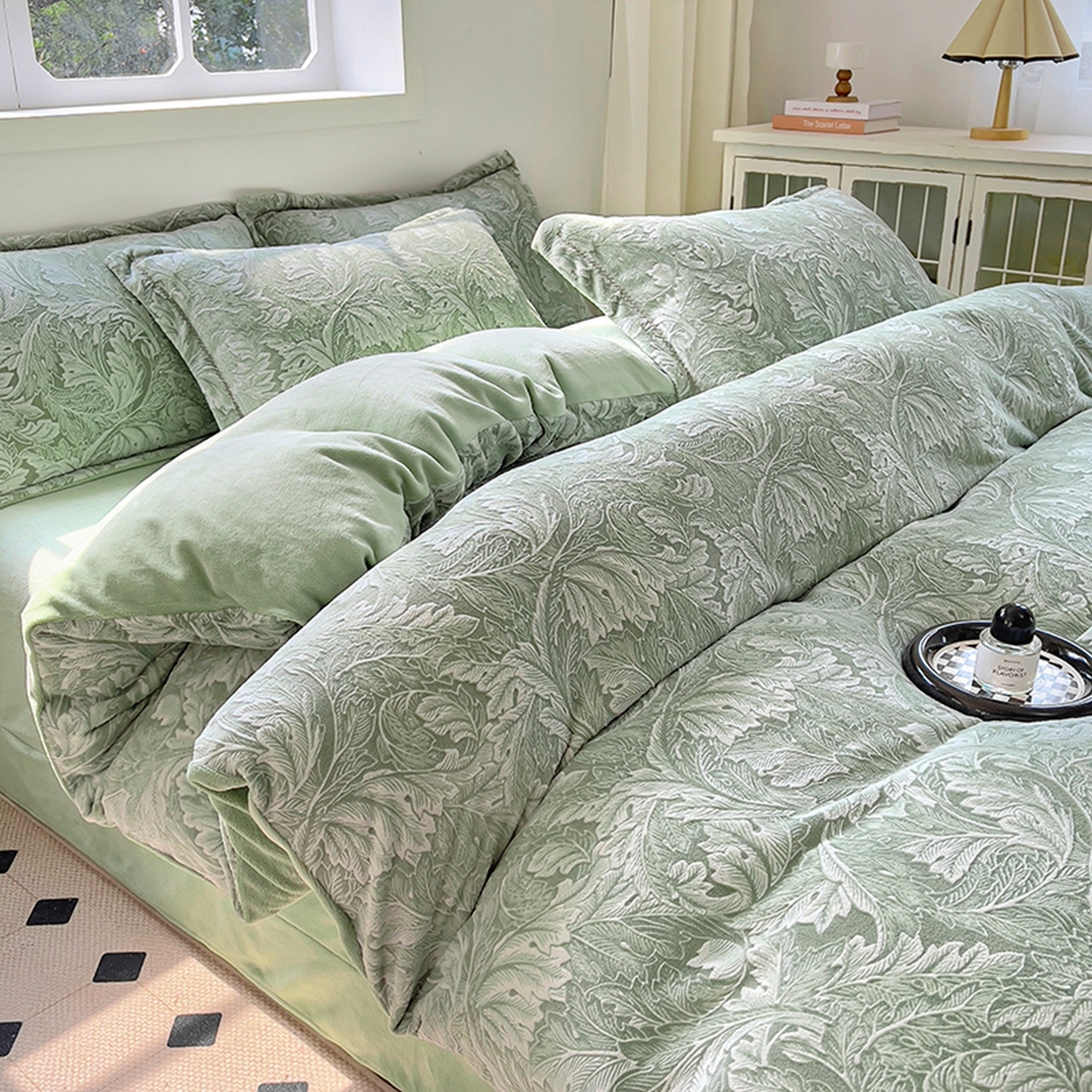 91家纺网 家纺一手货源 找家纺 昊川家纺 2025新款短毛绒牛奶绒立体雕花四件套 花影绿